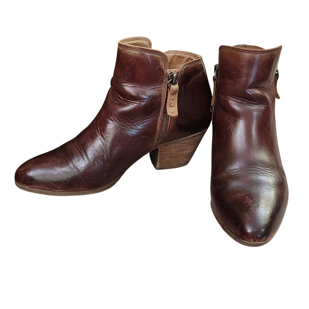 Frye Cognac Brown Leather Ankle Boots Pointed Toe Block Heel 6.5M Americana